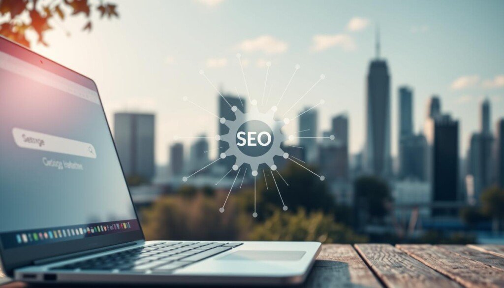 A serene outdoor scene showcasing the intricate elements of search engine optimization. In the foreground, a laptop with a search engine interface, its screen illuminated by soft, natural light. In the middle ground, a gear-like symbol representing the technical mechanisms of SEO, surrounded by a web of interconnected lines and nodes. In the background, a cityscape with towering skyscrapers, symbolizing the competitive landscape of online visibility. The overall atmosphere conveys a balance of technology, strategy, and the pursuit of digital prominence, reflecting the essence of optimizing for search engines.