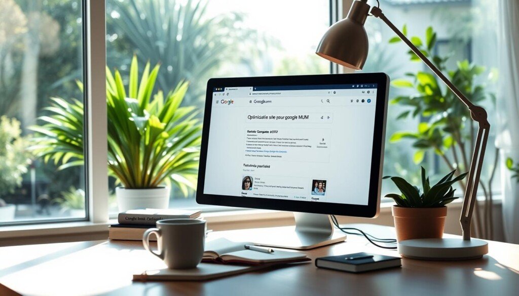 A serene, sun-dappled office space, with a desktop computer prominently displayed. The screen shows a Google search results page, with the query "optimisation site pour google mum" at the top. The desk is neat and organized, with a planner, a cup of coffee, and a stylish lamp providing soft, warm lighting. In the background, a large window overlooks a lush, verdant garden, creating a calming, nature-inspired atmosphere. The overall mood is one of focused productivity and a sense of thoughtful preparation for the challenges of optimizing a website for the Google MUM algorithm.