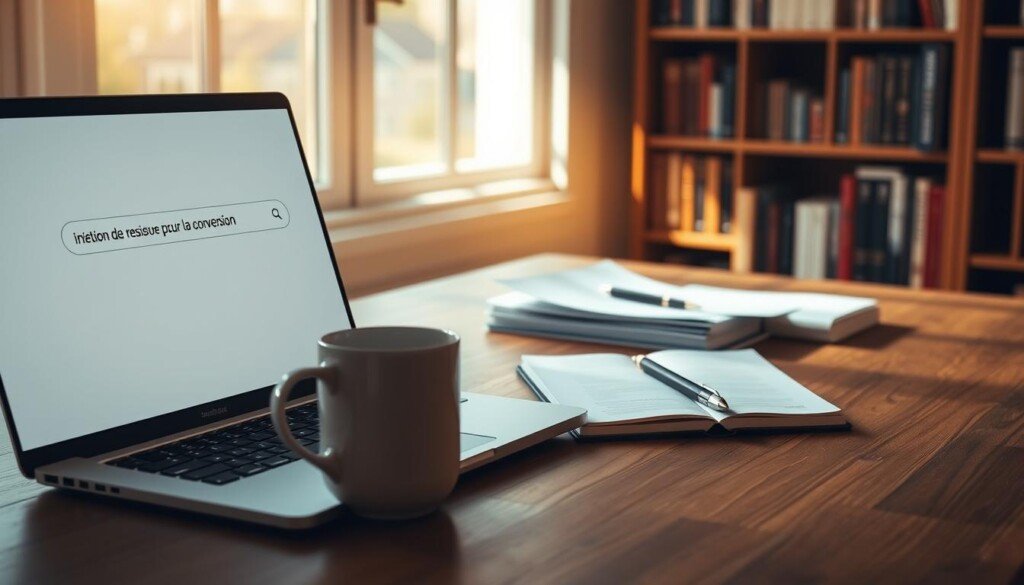 A serene workspace with a laptop, notebook, and coffee mug on a wooden desk, bathed in warm, natural lighting. In the foreground, the laptop screen displays a search query, "intention de recherche pour la conversion", reflecting the user's focus on understanding search intent to drive conversions. The middle ground features a carefully arranged stack of papers and a pen, symbolizing the analytical process. The background reveals a bookshelf filled with reference materials, hinting at the depth of research required. The overall atmosphere is one of thoughtful deliberation, with a touch of minimalism and zen-like simplicity.