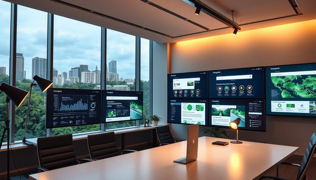 A sleek, modern office environment with several high-performance eco-friendly search engines displayed on a series of large, high-resolution monitors. The screens showcase detailed data visualizations, intuitive user interfaces, and clean, minimalist design. Warm, directional lighting from floor lamps and track lighting accentuates the sharp lines and smooth surfaces of the desk, chairs, and other furnishings. The background features floor-to-ceiling windows offering a panoramic view of a lush, verdant city skyline, emphasizing the environmentally-conscious nature of the search engines. An air of professionalism and innovation permeates the scene, conveying the effectiveness and sustainability of these alternative search options.