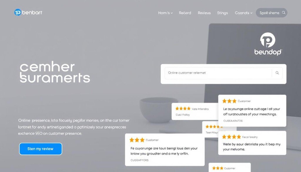 A sleek, modern website interface with a prominently displayed customer review section. In the foreground, a clean and well-organized layout showcases several positive customer testimonials, emphasizing the brand's excellent online presence and SEO expertise. The middle ground features a search bar, navigation menu, and other interactive elements, while the background depicts a minimalist, high-contrast scene with subtle branding elements. The overall composition conveys a sense of professionalism, trust, and a focus on optimizing the online customer experience.