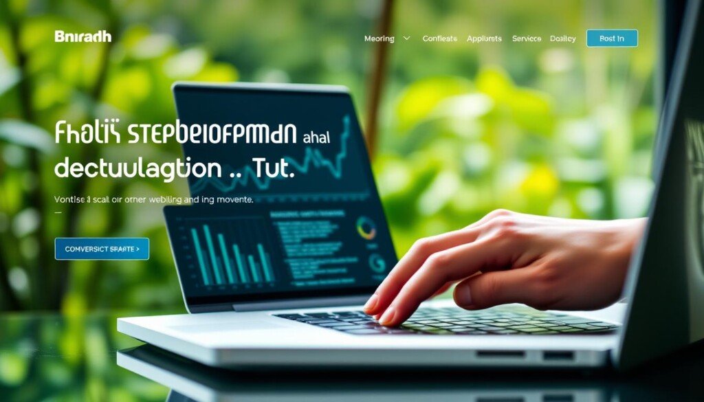A sleek, modern website with a clean, minimalist design. In the foreground, a laptop screen displays a graph showcasing the optimization process, with lines and data visualizations in shades of blue and green. In the middle ground, a developer's hand hovers over a keyboard, coding and refining the website's technical elements. The background depicts a serene, natural setting with lush greenery and a soft, diffused lighting, conveying a sense of balance and harmony between technology and the natural world. The overall atmosphere is one of focus, efficiency, and a commitment to maximizing website performance and user conversion rates.
