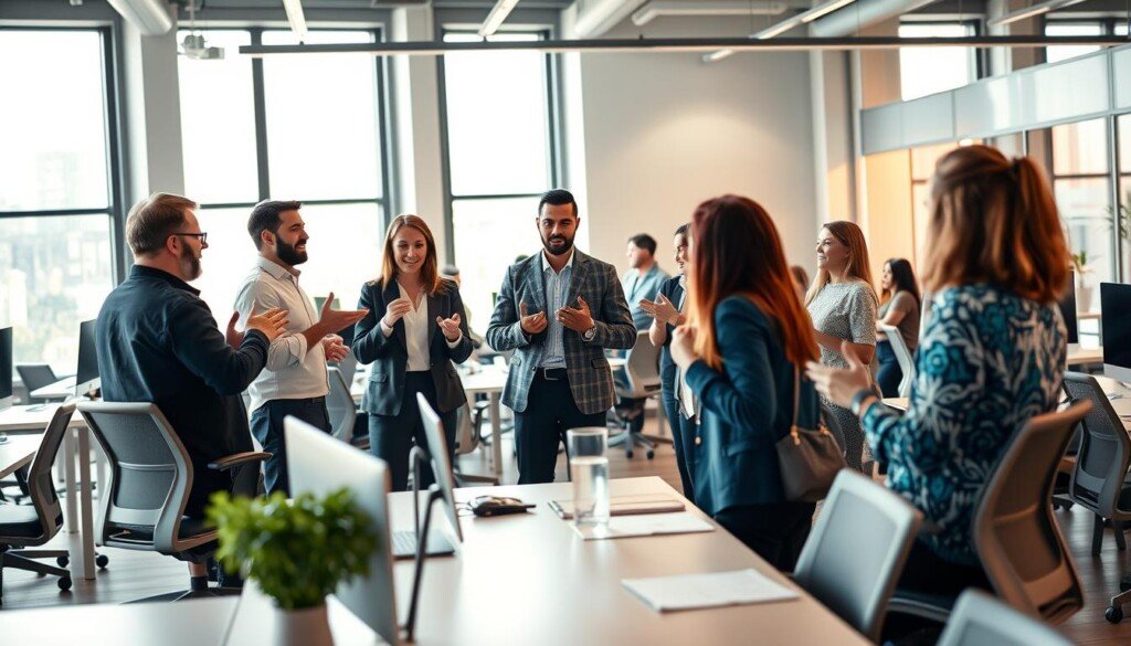 A vibrant, interactive forum discussion taking place in a well-lit, modern workspace. In the foreground, several personas are engaged in lively discourse, gesturing animatedly as they exchange ideas. The middle ground features rows of ergonomic desks and chairs, creating a collaborative atmosphere. In the background, large windows allow natural light to flood the space, illuminating the scene with a warm, inviting glow. The overall mood is one of productivity, creativity, and a sense of professional community, reflecting the active participation in sector-specific discussions.