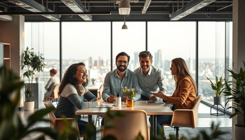 A warm, welcoming office environment with a friendly and attentive team working collaboratively. The foreground shows a group of diverse colleagues gathered around a table, engaged in a lively discussion and exchanging ideas. The middle ground features a modern, well-appointed workspace with ergonomic furniture, natural lighting, and tasteful decor that reflects a company culture of care and professionalism. The background depicts a panoramic view of a vibrant city skyline, hinting at the dynamic nature of the business. Soft, diffused lighting casts a gentle glow, creating a sense of harmony and positivity. The overall scene conveys a nurturing, supportive atmosphere where employees feel valued and empowered to thrive.