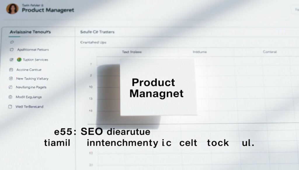 A well-organized product management dashboard, featuring a focal product card with clean typography and minimal design. The background layer has a subtle textured grid pattern, evoking a sense of professionalism and attention to detail. Soft, directional lighting from the top-left casts gentle shadows, heightening the three-dimensional feel. The overall mood is one of efficient organization and data-driven decision making, suitable for illustrating the challenges of maintaining SEO during temporary product stockouts.