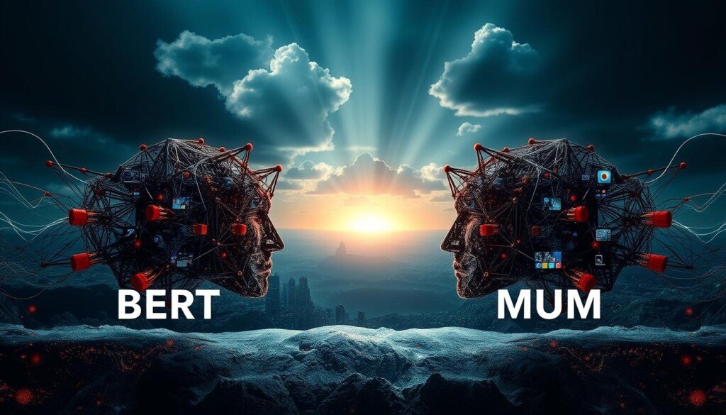 Comparison of BERT and MUM algorithms, showcased in a cinematic, high-contrast visual. In the foreground, two distinct neural network architectures face off, one representing BERT's transformer-based design, the other conveying MUM's more complex multi-modal approach. The middle ground depicts a data landscape, with swirling currents of text, images, and multimedia elements, highlighting the differing capabilities of the two models. In the background, a dramatic skyscape with deep shadows and shafts of light, evoking the profound impact these advancements in natural language processing will have on the future of search and information retrieval. Rendered with a realistic, almost photographic style to bring the technical concepts to life.