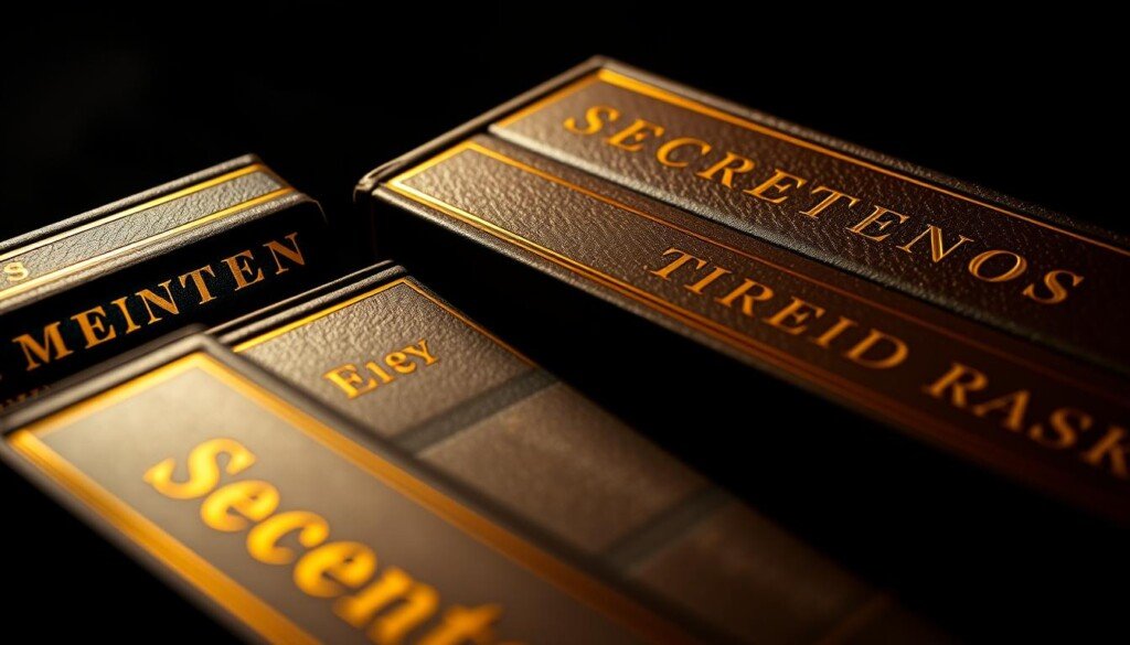 Prompt A beautifully lit, high-contrast, cinematic close-up shot of several gold-embossed book spines, their titles alluding to tantalizing secrets and revelations. The books are arranged in a visually striking, asymmetrical pattern, casting dramatic shadows that add depth and intrigue to the composition. The lighting is soft and directional, creating a sense of exclusivity and mystery. The background is a subtly textured, dark gray gradient that allows the gilded book titles to pop, drawing the viewer's eye to the hidden knowledge they promise to unveil.