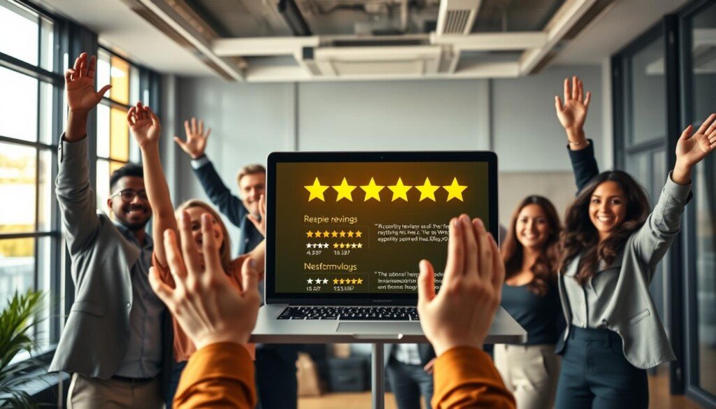 Vibrant business scene showcasing the power of positive customer reviews. In the foreground, a group of diverse professionals celebrate enthusiastically, their hands raised in a gesture of success. In the middle ground, a laptop display shines with an array of 5-star ratings and glowing testimonials. The background depicts a sleek, modern office environment, with large windows letting in warm, natural lighting. A sense of accomplishment and satisfaction pervades the scene, highlighting the impact that positive online reviews can have on a company's reputation and SEO visibility.