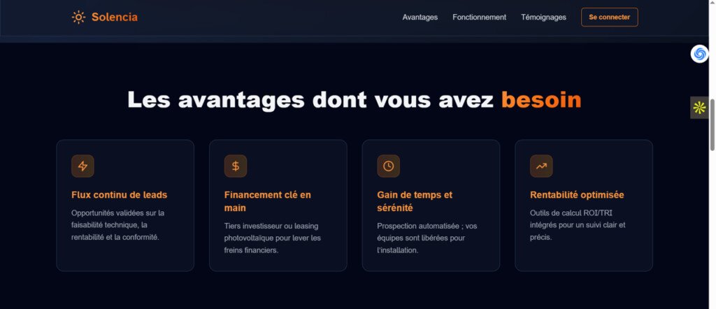 footer landing page SaaS epoustouflante avec un style moderne Solencia