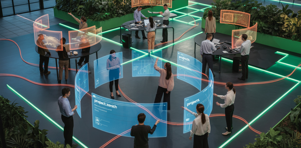 Une vue aérienne artistique d'un open space futuriste dédié au team planning, photographiée avec un éclairage dramatique mêlant tons bleus électriques et verts technologiques.