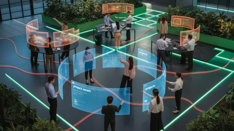 Une vue aérienne artistique d'un open space futuriste dédié au team planning, photographiée avec un éclairage dramatique mêlant tons bleus électriques et verts technologiques.