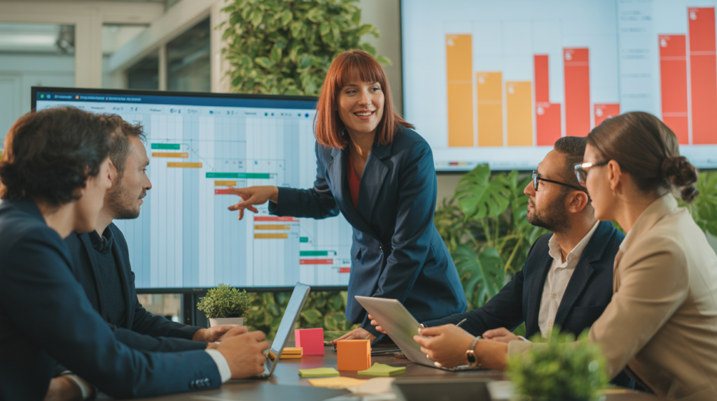 Une photographie professionnelle montrant une équipe de cinq personnes diverse en réunion de team planning dans un bureau moderne. L'espace de travail est baigné de lumière naturelle avec des tons dominants bleu océan et vert émeraude.