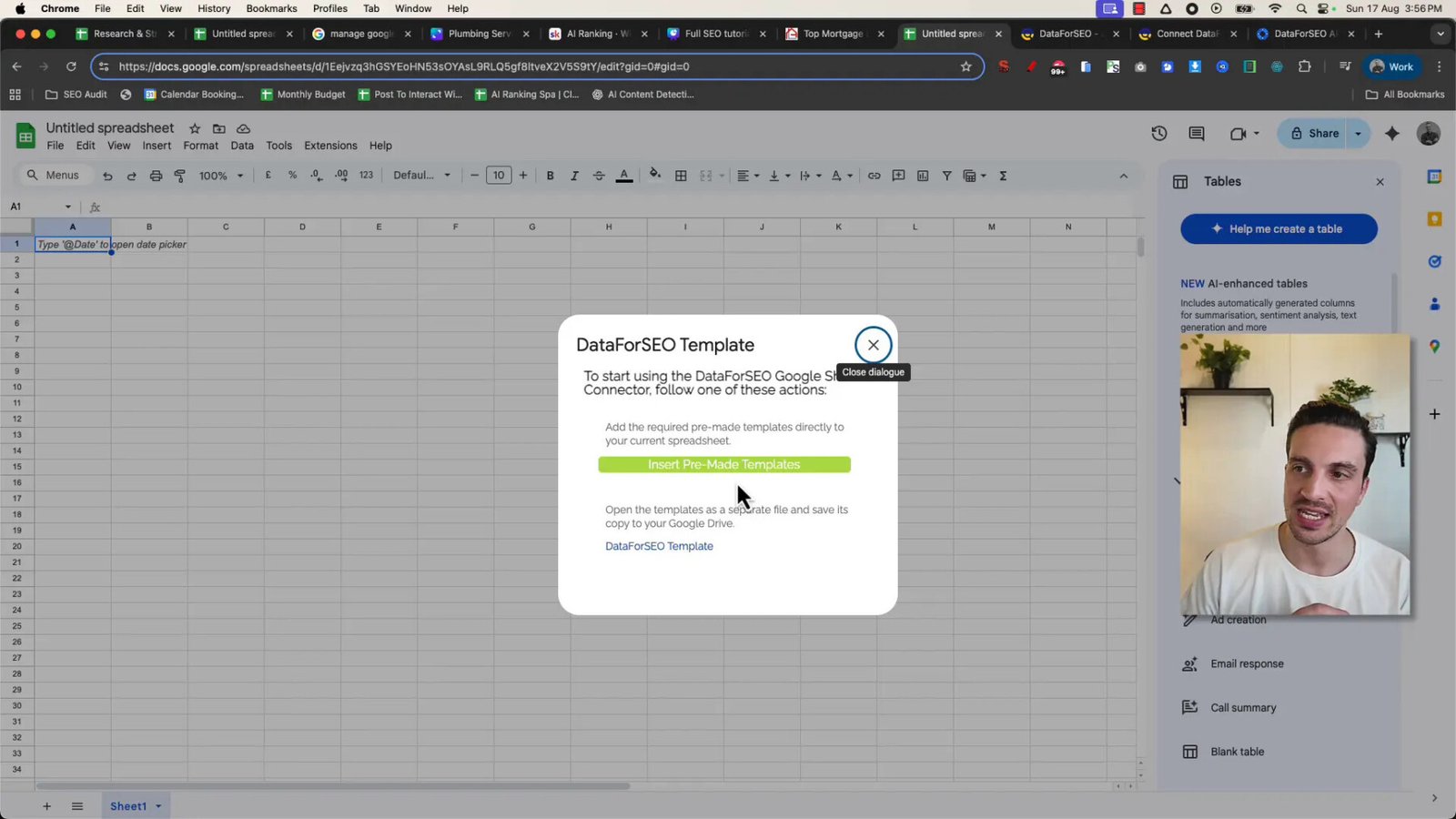Exemple de Google Sheet Data for SEO avec onglets de suggestions et volumes