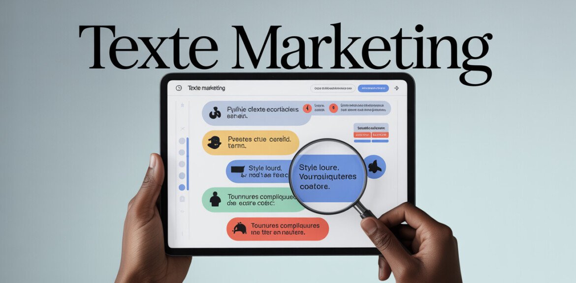 Illustration détaillée montrant un texte marketing sur un écran (ordinateur ou tablette), avec des bulles signalant des erreurs d’orthographe enrichies de corrections, des annotations sur le style (style lourd, tournures compliquées), des suggestions de CTA, un éditeur (loupe ou marqueurs)