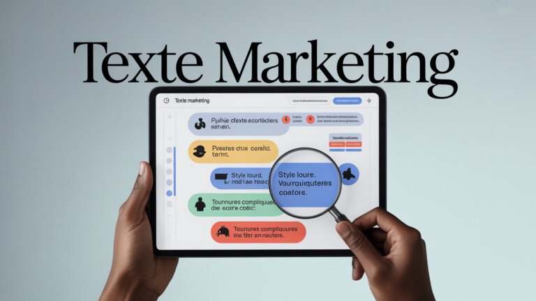 Illustration détaillée montrant un texte marketing sur un écran (ordinateur ou tablette), avec des bulles signalant des erreurs d’orthographe enrichies de corrections, des annotations sur le style (style lourd, tournures compliquées), des suggestions de CTA, un éditeur (loupe ou marqueurs)