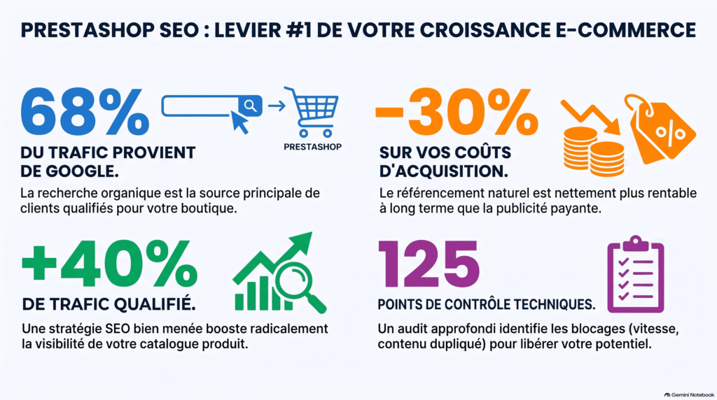 Pour augmenter le trafic de votre boutique de plus de 40 % grâce à une stratégie SEO rigoureuse , il est nécessaire d'intervenir sur quatre leviers fondamentaux : L'audit technique : Il permet d'analyser en profondeur les points de contrôle techniques spécifiques à PrestaShop (gestion des URLs, balises titles et méta, résolution du contenu dupliqué, redirections et gestion du cache) afin de corriger les erreurs qui freinent la visibilité sur Google . L'architecture des catégories : Une arborescence de catalogue mal pensée nuit aux performances. Ce levier consiste à optimiser la profondeur de clic des produits, la cohérence entre le menu et le fil d'Ariane, et la pertinence des catégories parentes . L'optimisation des fiches produits : Pour maximiser l'impact des fiches, il convient de réécrire les URLs, d'intégrer des données structurées (schema Product) pour améliorer la visibilité , et de rédiger des descriptions uniques pour éviter de dupliquer les textes des fournisseurs . L'acquisition de liens (netlinking) : Indispensable pour développer l'autorité et la notoriété de votre boutique sur les moteurs de recherche