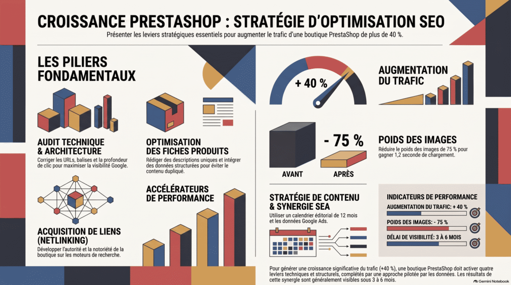 expertise de Millennium Digital, une agence spécialisée dans l'optimisation du référencement naturel pour les boutiques utilisant Prestashop. Le document détaille une approche stratégique reposant sur des audits techniques, l'amélioration de la vitesse de chargement et la création de contenus ciblés pour accroître la visibilité organique. En plus du SEO, l'agence propose une gestion de la publicité payante et un suivi analytique rigoureux afin de maximiser les taux de conversion des sites e-commerce. Des études de cas concrètes illustrent l'efficacité de leur méthode, capable de générer des augmentations de trafic et de chiffre d'affaires significatives. Enfin, le texte guide les commerçants dans le choix de leur partenaire digital tout en soulignant l'importance d'un accompagnement personnalisé et axé sur les données.