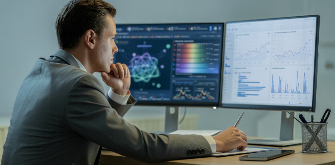 Un professionnel devant deux écrans affichant un outil IA l’autre écran de graphique et analyses le thème ia marketing digital