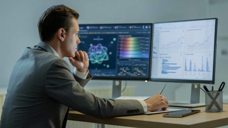 Un professionnel devant deux écrans affichant un outil IA l’autre écran de graphique et analyses le thème ia marketing digital