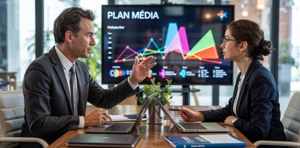 Cadre dirigeant consultant une stratégie de plan média sur écran interactif.