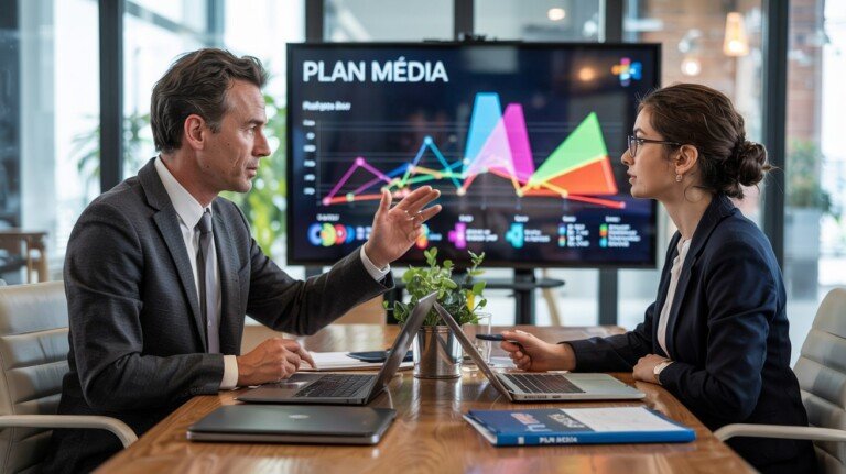 Cadre dirigeant consultant une stratégie de plan média sur écran interactif.