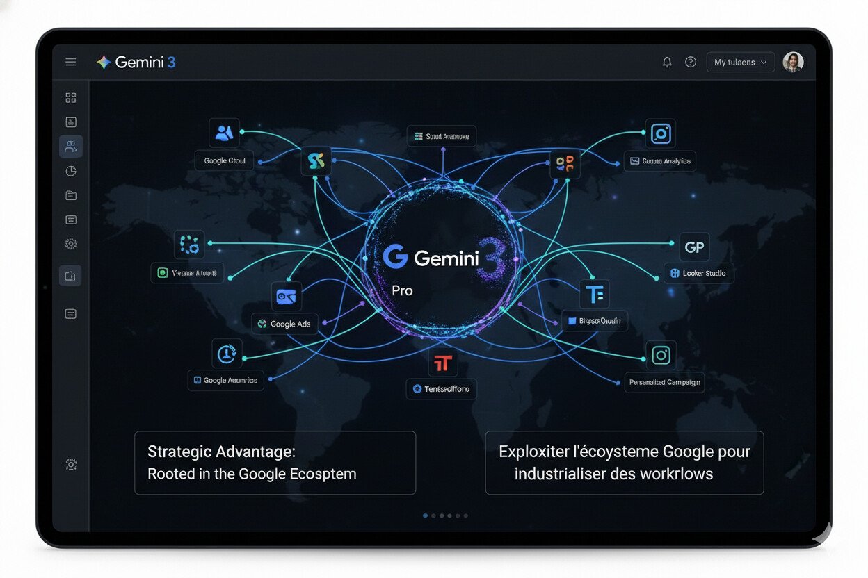 Un avantage stratégique de Gemini 3 pro est son enracinement dans l’écosystème Google. Cette intégration facilite la mise en production rapide :

Accès aux fichiers Drive, lecture et édition de Google Sheets et Google Slides.
Interaction avec Calendar, Gmail et autres services Google, sous réserve des autorisations.
Export natif vers Google Slides ou Canva, création de documents ou d’assets sans quitter l’interface.