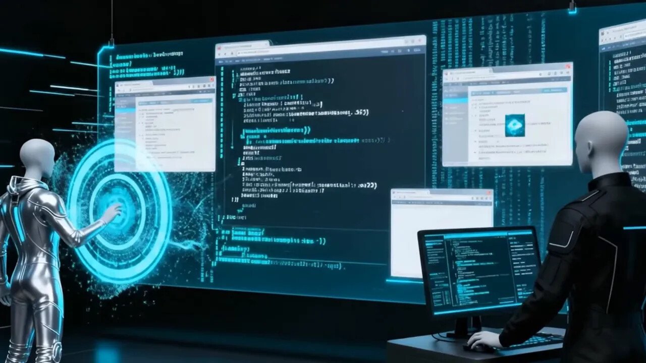1000 jours pour agir : intelligence artificielle application et stratégies pour dirigeants 2 Postes de travail futuristes avec agents IA affichant du code sur de grands écrans, symbolisant l'automatisation et les agents autonomes