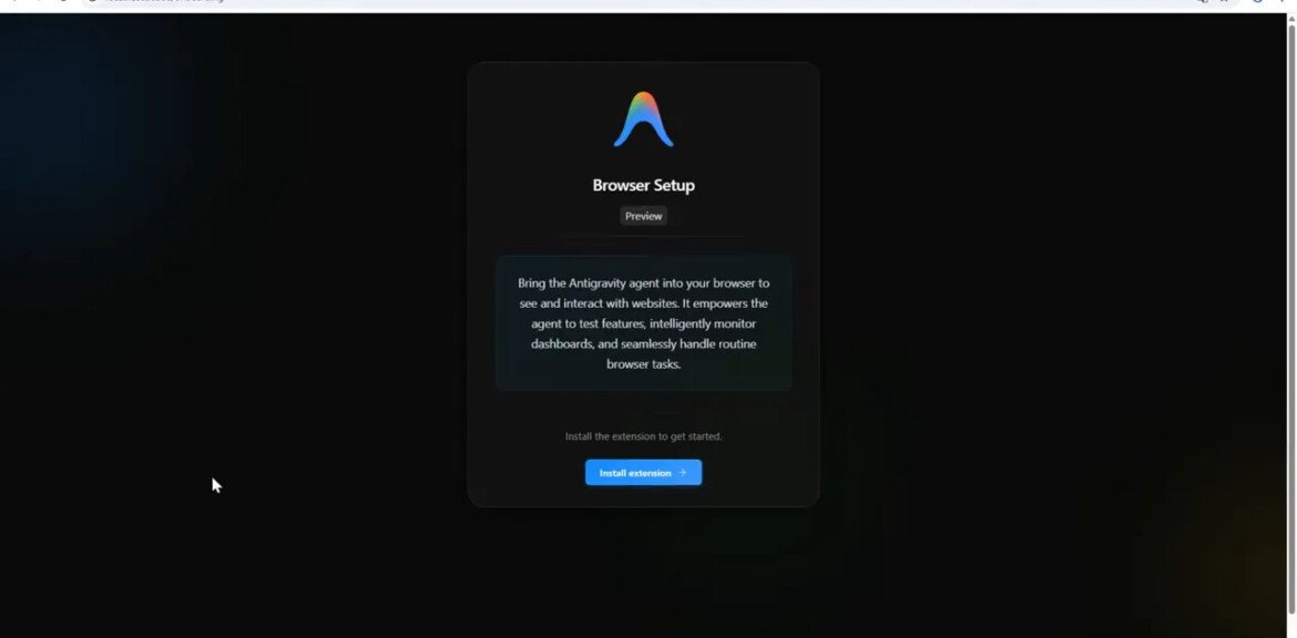 Antigravity Browser Setup montrant la boîte 'Install extension' pour connecter l'agent au navigateur