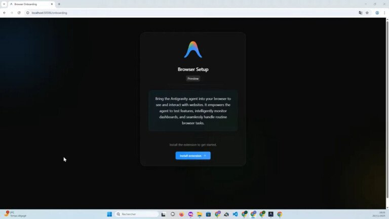 Antigravity Browser Setup montrant la boîte 'Install extension' pour connecter l'agent au navigateur