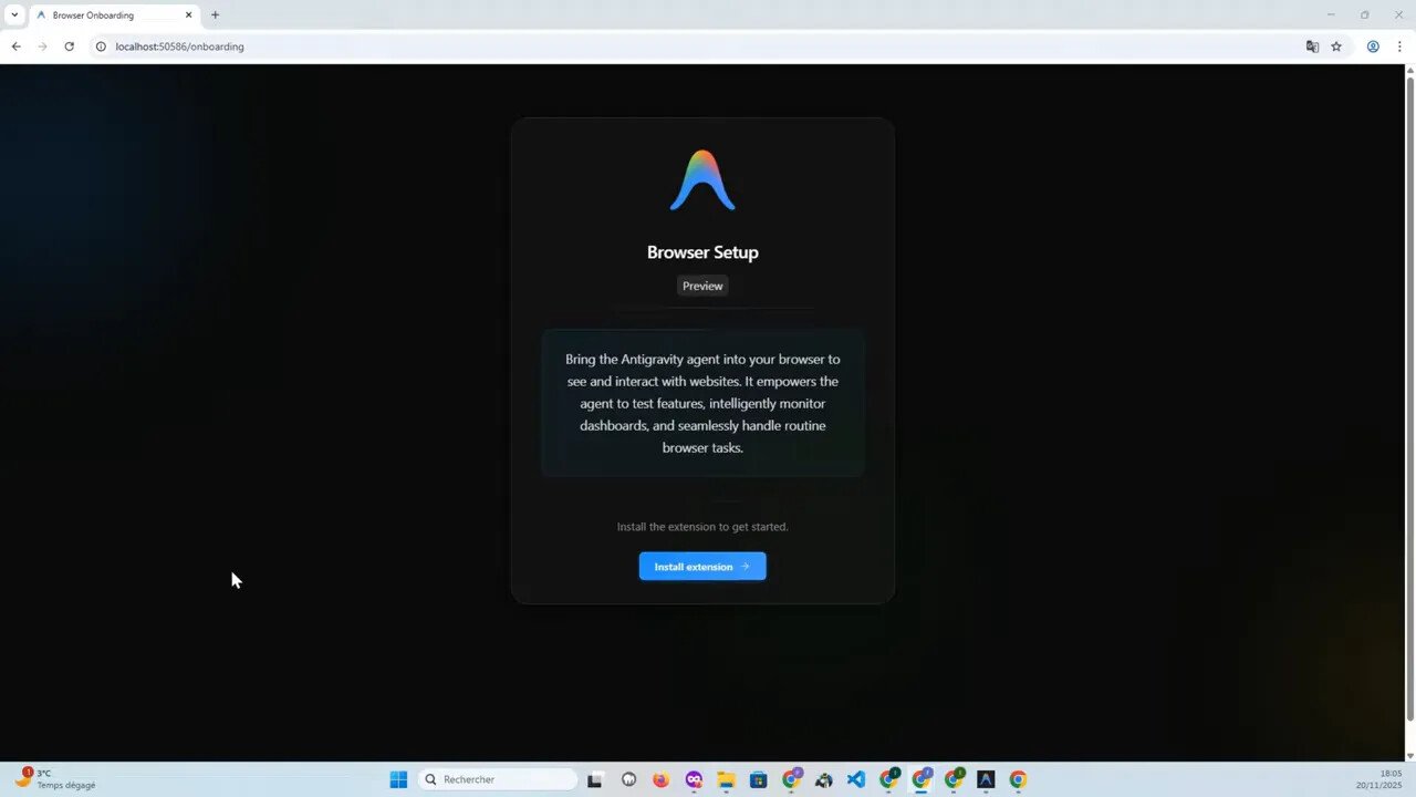 Antigravity Browser Setup montrant la boîte 'Install extension' pour connecter l'agent au navigateur