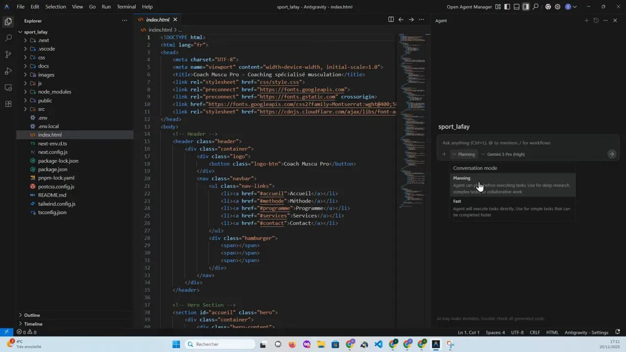 Panneau Antigravity dans VS Code affichant le menu 'Conversation mode' avec les options Planning et Fast