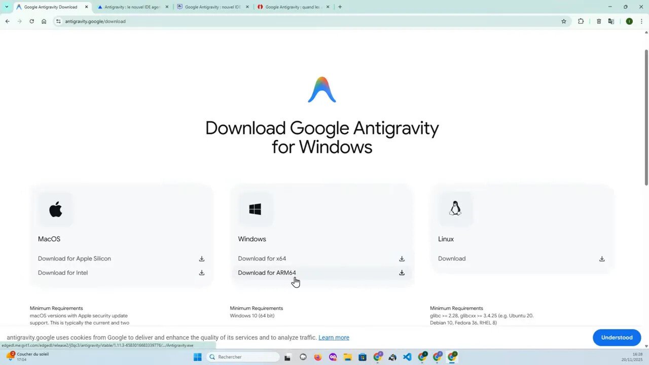 Page « Download Google Antigravity for Windows » affichant les options de téléchargement MacOS, Windows (x64, ARM64) et Linux avec le curseur sur ARM64