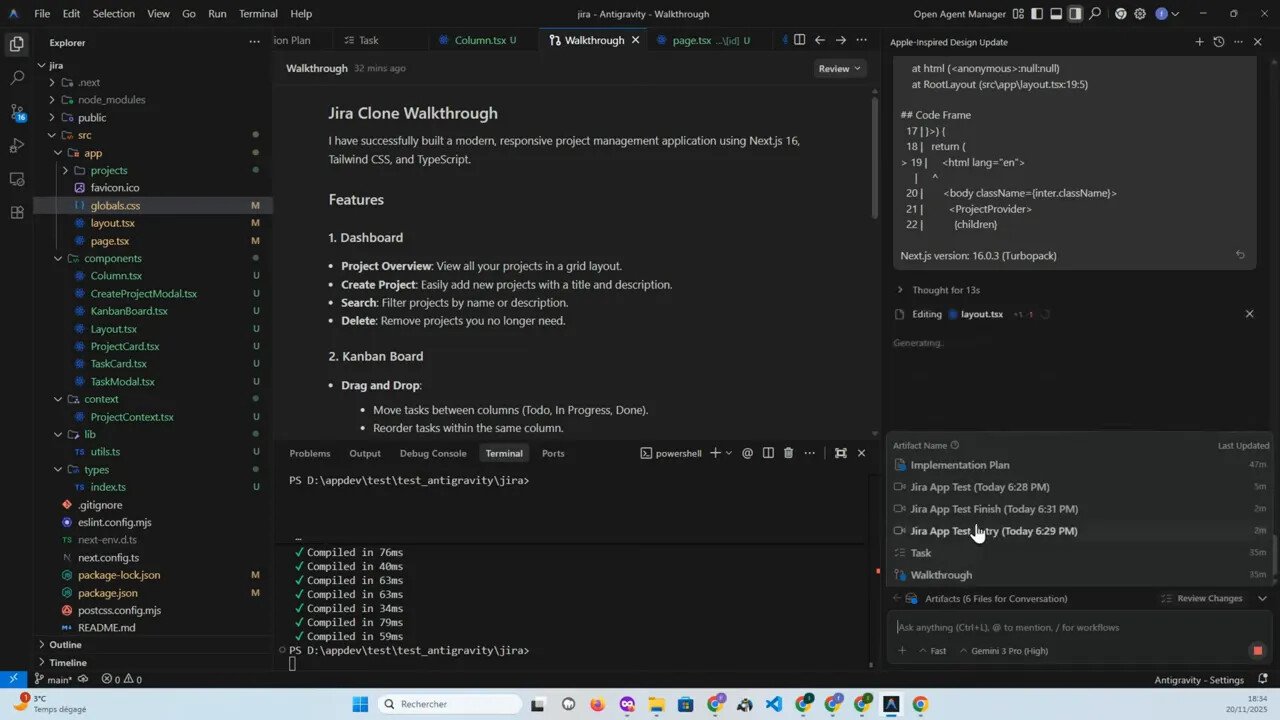Interface Antigravity dans VS Code montrant le document 'Jira Clone Walkthrough' au centre, le terminal en bas et le panneau Artifacts à droite