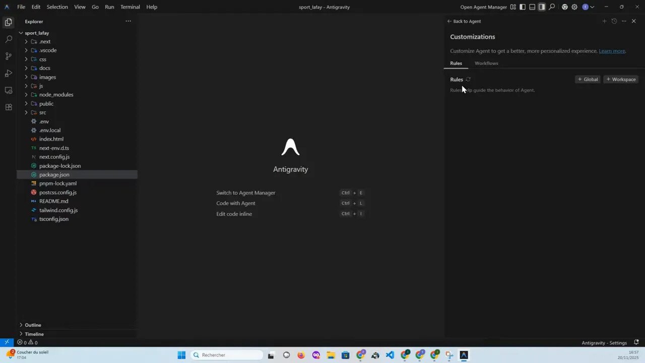 Panneau Customizations d'Antigravity affichant l'onglet Rules avec boutons +Global et +Workspace