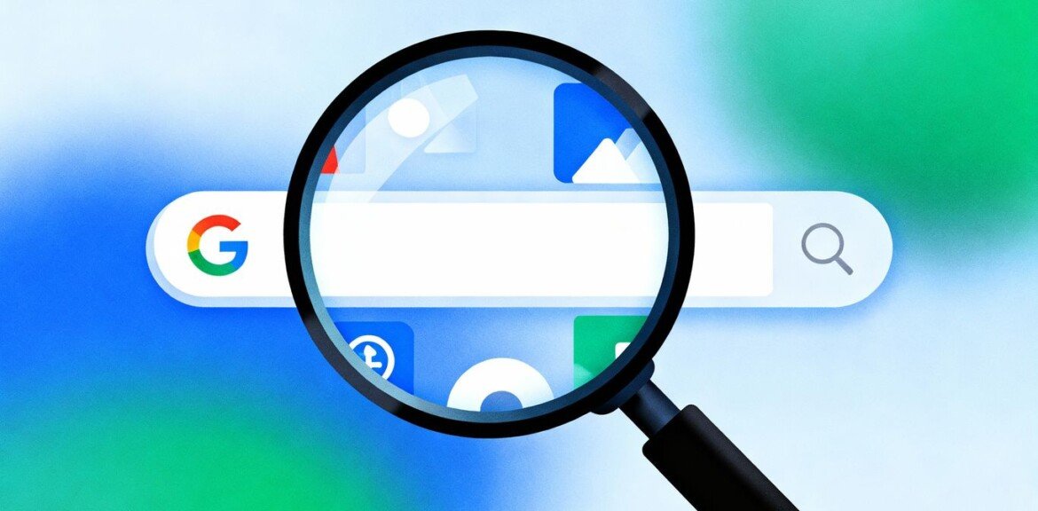 Loupe sur barre de recherche Google avec icônes.