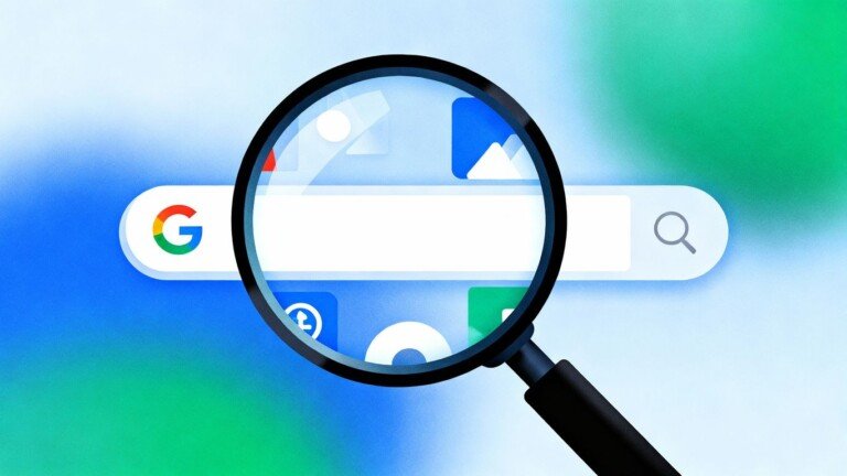 Loupe sur barre de recherche Google avec icônes.