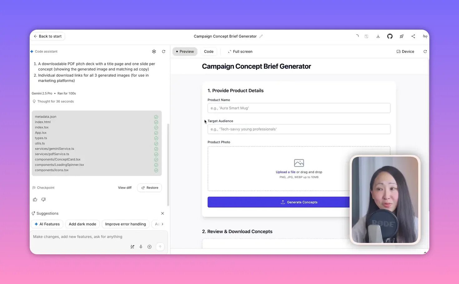 Preview de l'application 'Campaign Concept Brief Generator' dans AI Studio montrant champs 'Product Name', 'Target Audience', zone 'Product Photo' et le bouton 'Generate Concepts'.