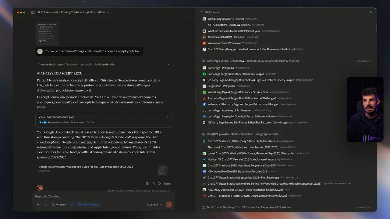 Claude 4.5 : pourquoi je l'utilise pour 90 % de mon travail IA 3 Claude Deep Research affichant «543 sources» et une liste d’URLs et titres de pages consultées