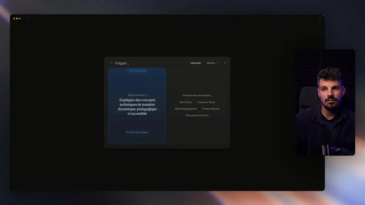 Claude 4.5 : pourquoi je l'utilise pour 90 % de mon travail IA 2 Interface Claude : aperçu du style personnalisé avec texte descriptif en français 'Expliquer des concepts techniques de manière dynamique, pédagogique et accessible'