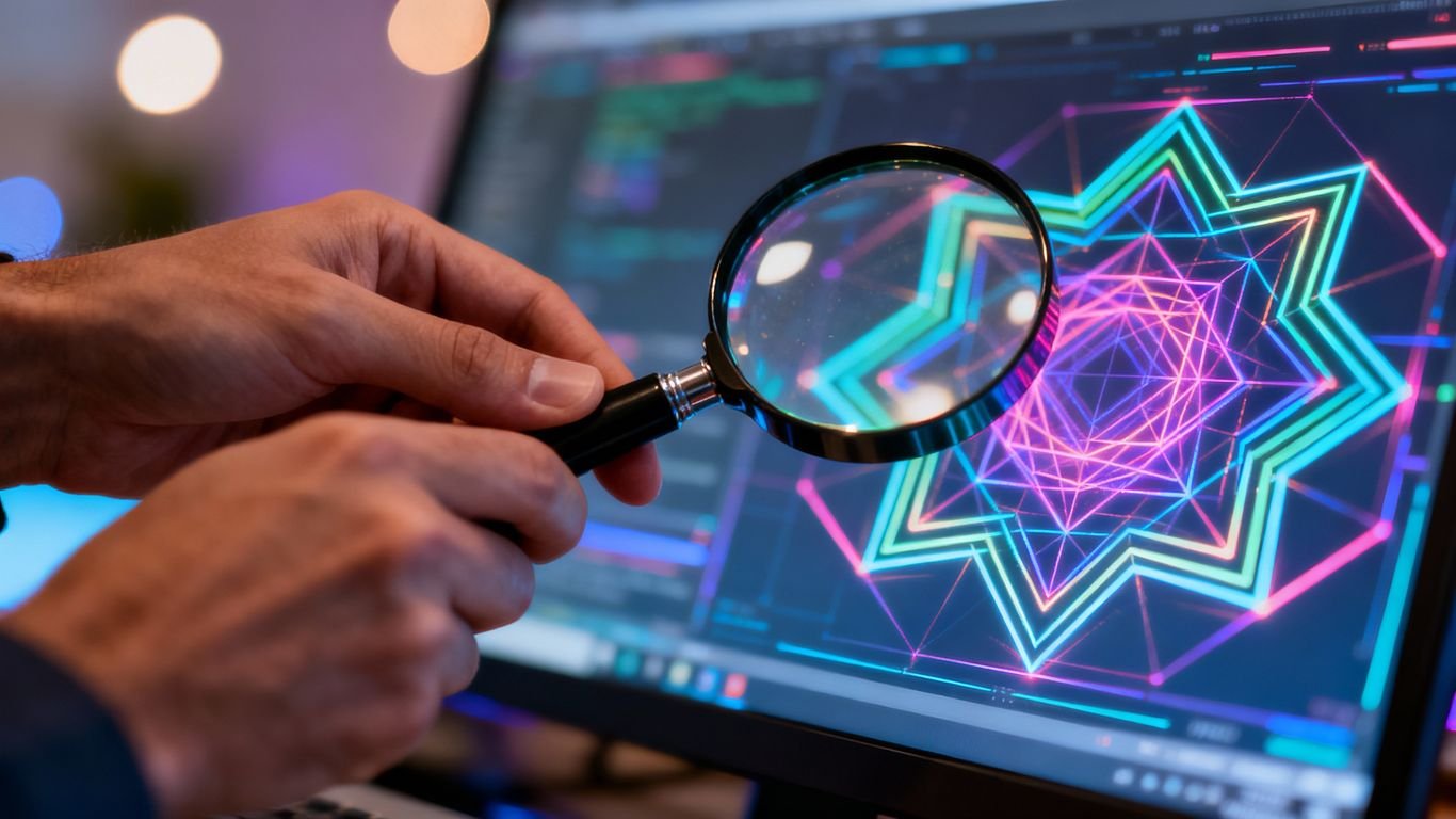 Mains tenant une loupe sur un écran d'ordinateur.