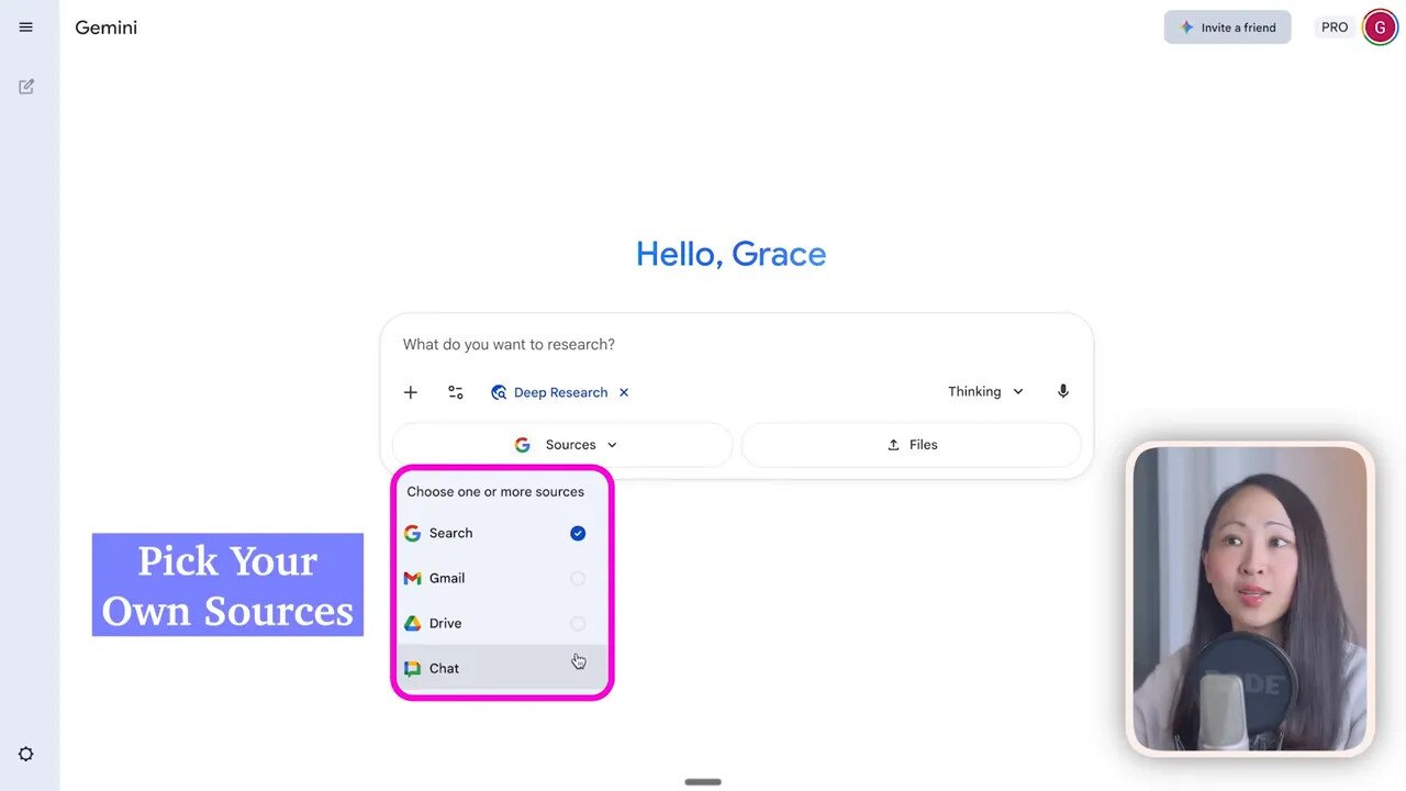 Interface Gemini montrant l'option 'Choose one or more sources' avec Search, Gmail, Drive et Chat et un encart vidéo de la présentatrice.