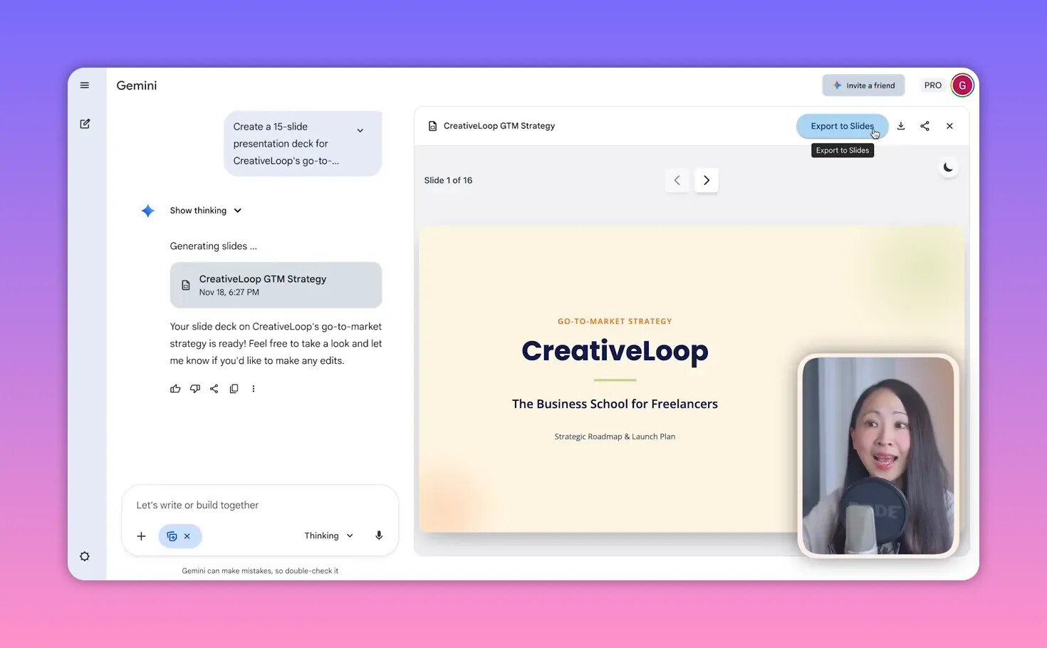 Aperçu du deck généré dans l'interface Gemini montrant la couverture 'CreativeLoop' et le bouton 'Export to Slides'.