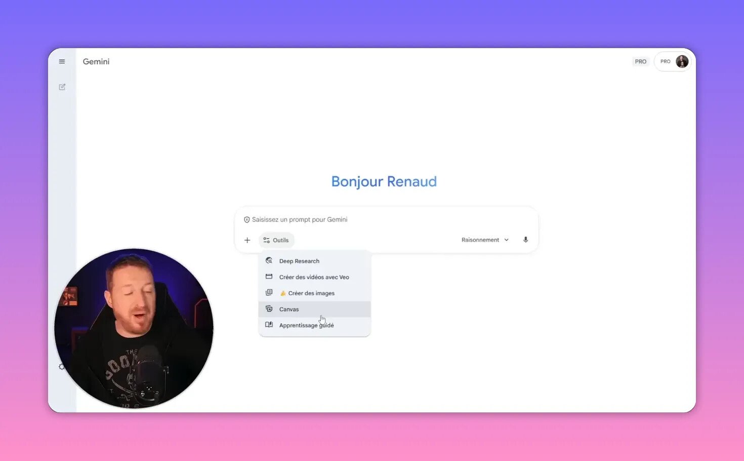 Capture d'écran du menu 'Outils' de Gemini listant 'Deep Research', 'Créer des vidéos avec Veo', 'Créer des images', 'Canvas' — illustrant la capacité multimodale ; vignette du présentateur en bas à gauche.