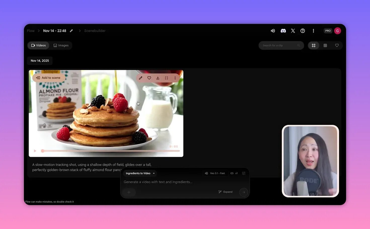 Interface Google Flow (Scenebuilder) montrant un visuel d'ingrédient (pile de pancakes) avec le panneau 'Ingredients to Video' et une vignette vidéo de la présentatrice.