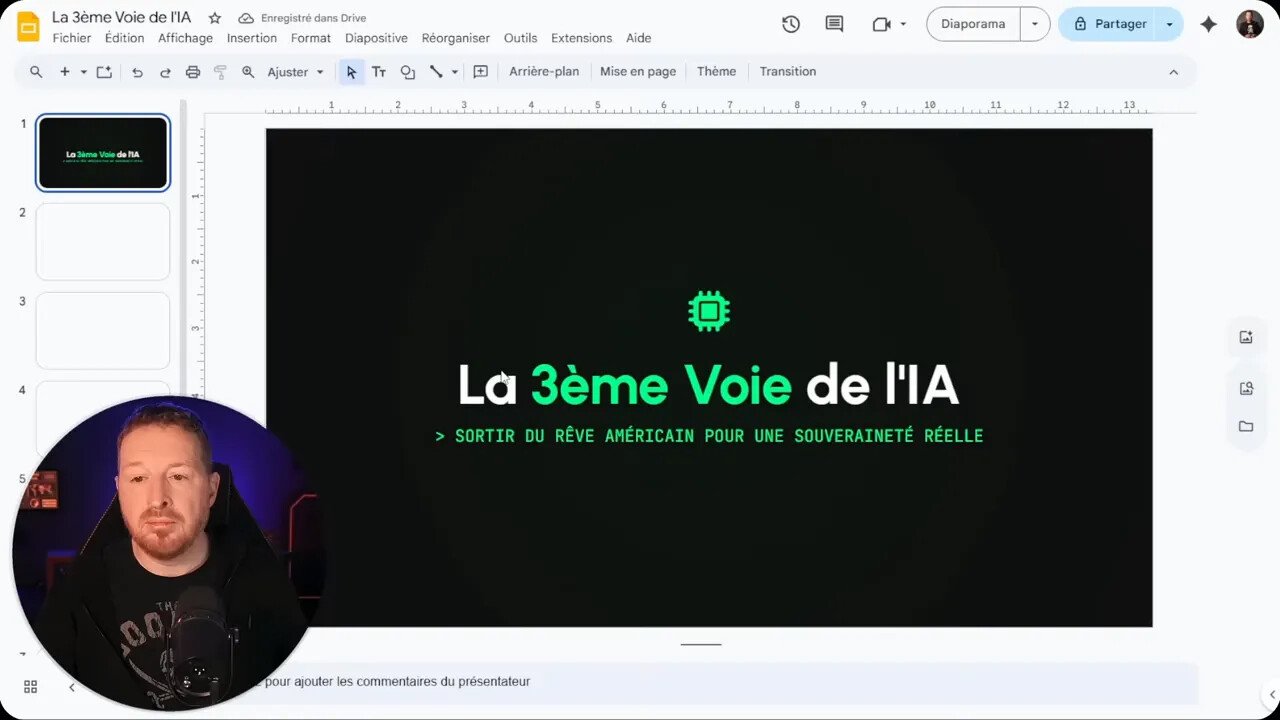 Capture d'écran d'une présentation Google Slides intitulée 'La 3ème Voie de l'IA' avec aperçu du présentateur en coin.
