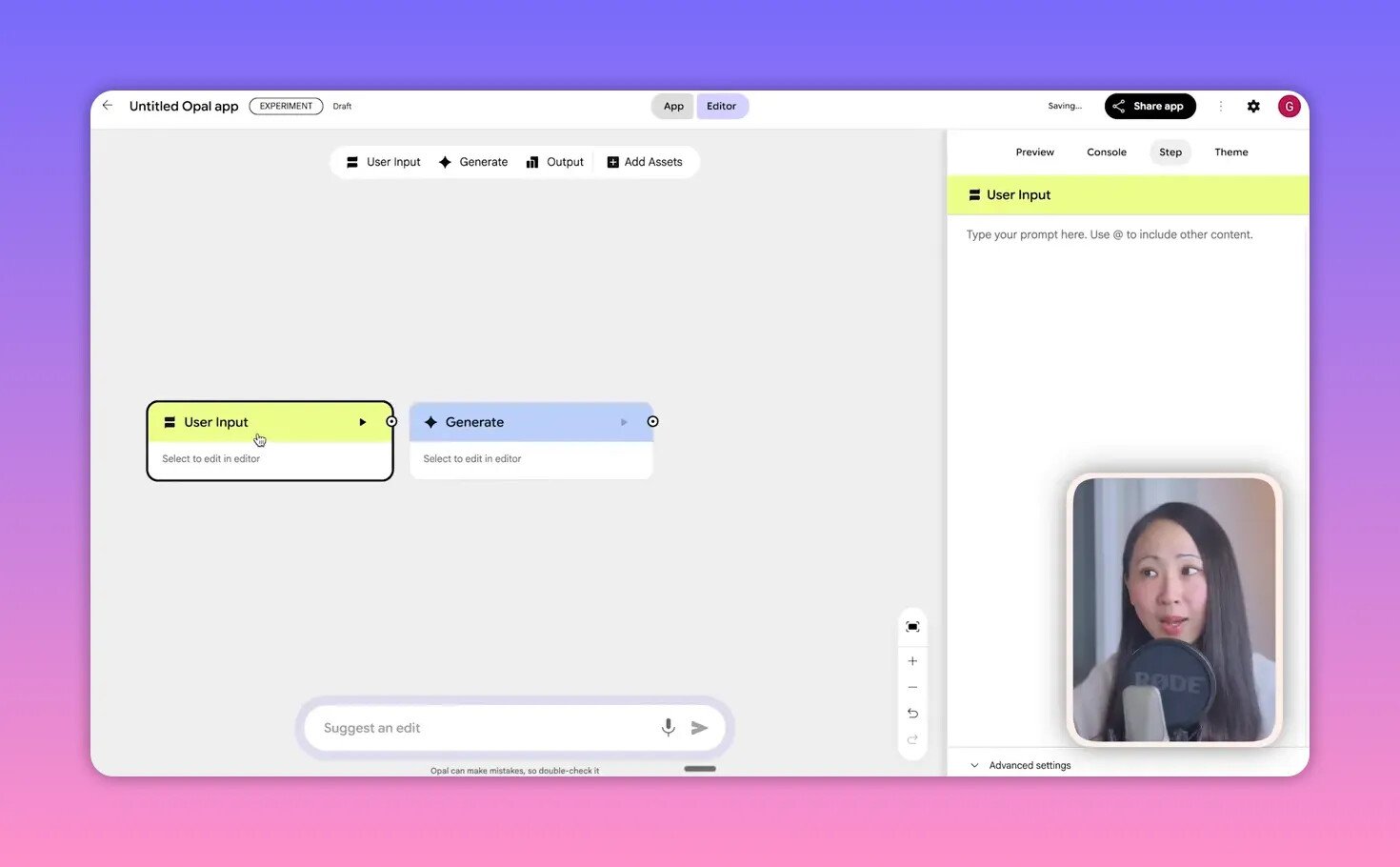 Canvas Opal montrant des blocs 'User Input' et 'Generate' connectés, panneau d'édition à droite et vignette vidéo de la présentatrice.