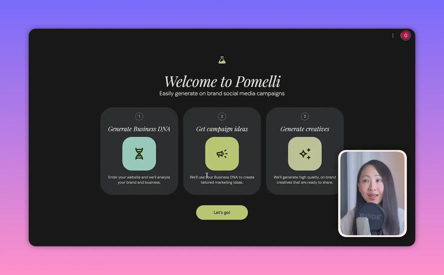 Écran d'accueil de Pomelli montrant trois cartes explicatives : « Generate Business DNA », « Get campaign ideas », « Generate creatives ».