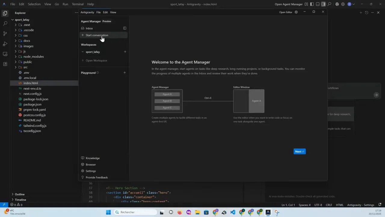 Agent Manager Antigravity avec le curseur sur « Start conversation », prêt à démarrer un agent