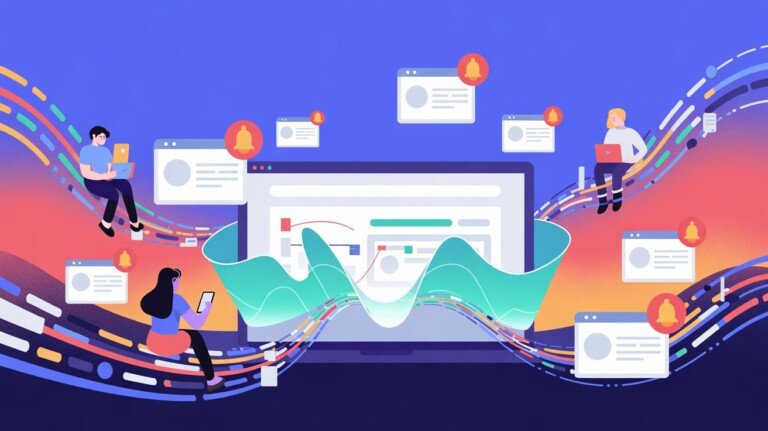 Campagne web push : le canal marketing qui capte l'attention Texte alternatif : Illustration conceptuelle d'une campagne web push montrant des notifications qui atteignent des utilisateurs sur différents écrans