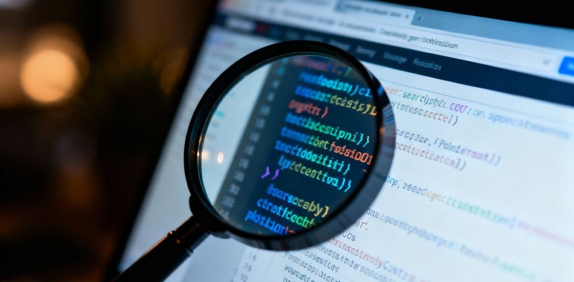 Loupe sur écran d'ordinateur avec code de référencement